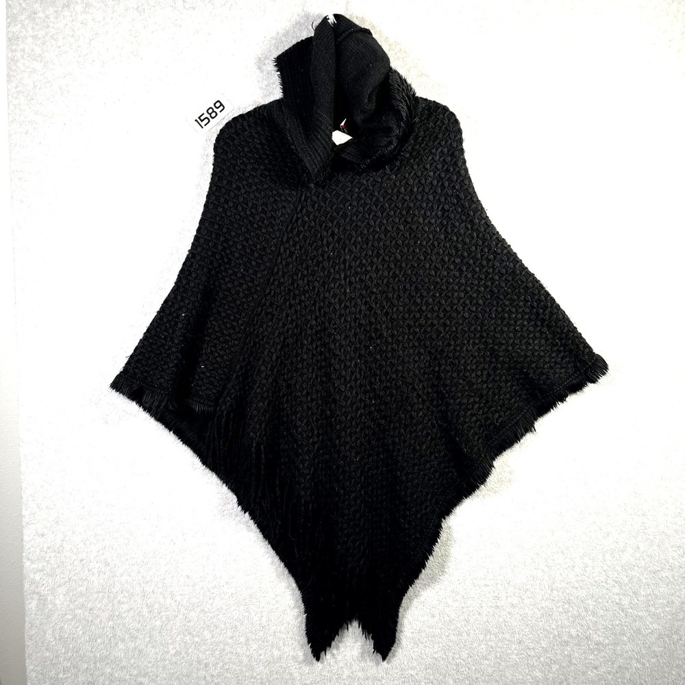 Love Crazy Poncho Wrap Womens S/M Black Fringed Hem textured Knit Cotton Hooded